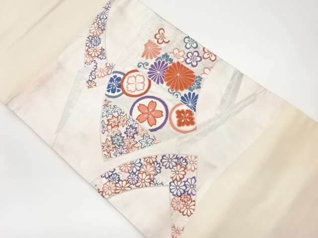 地紙・扇に花々模様織出し名古屋帯